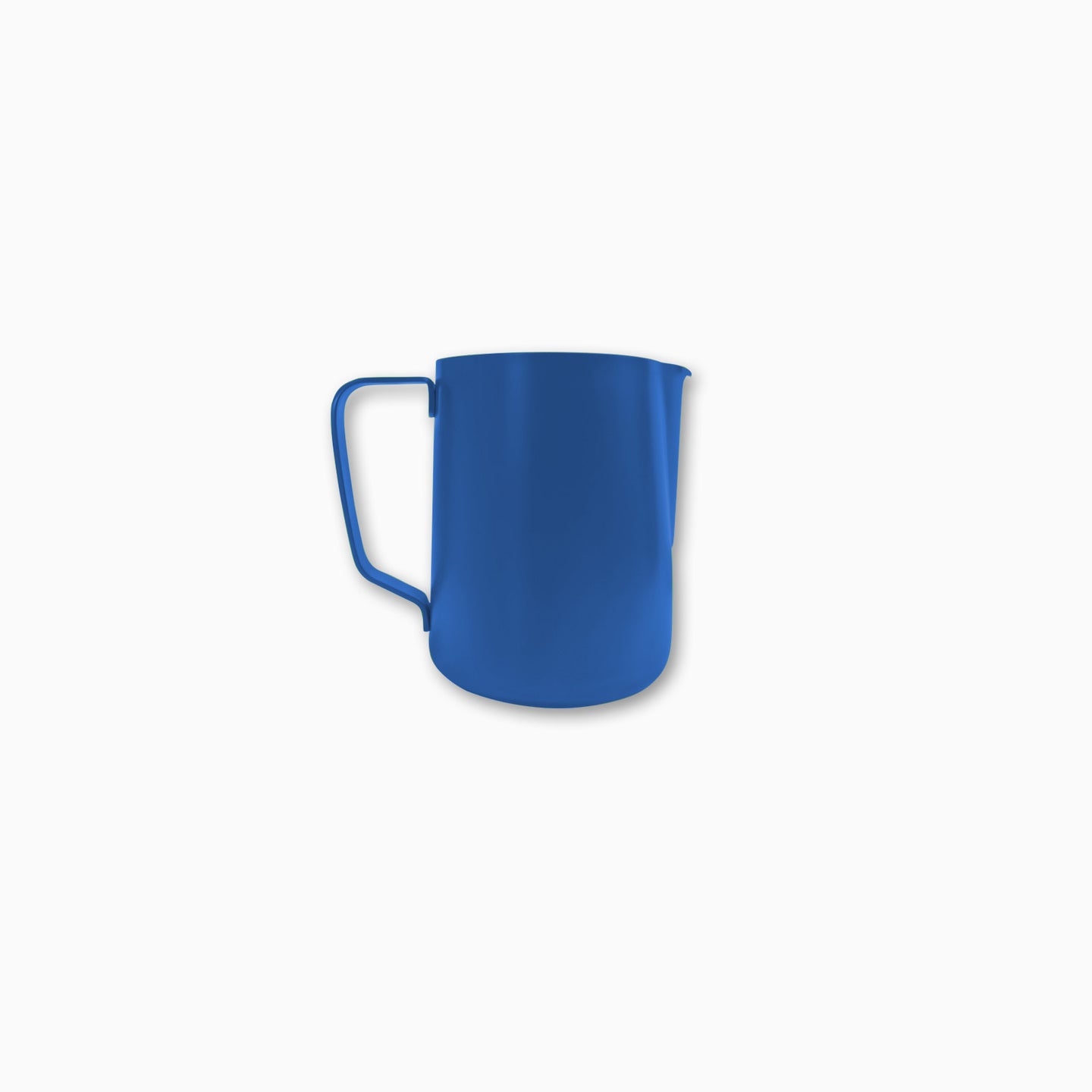 Blue Teflon-coated milk pitcher by Cloud Picker Coffee, ideal for baristas to steam and pour milk for coffee drinks.