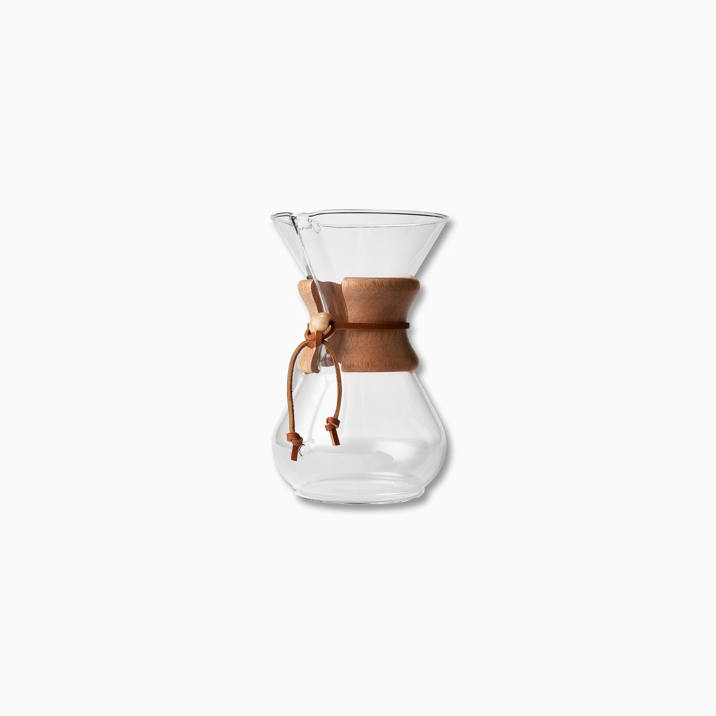 Chemex Classic Woodneck 6-8 cup coffee brewer with glass body and wooden handle, from Cloud Picker Coffee.