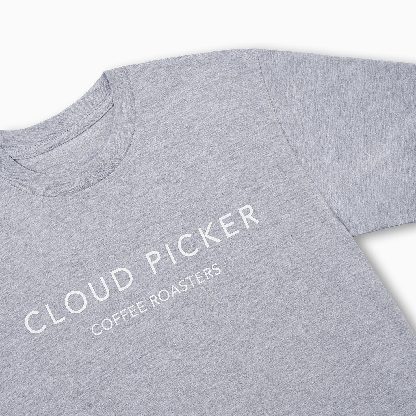White print T-shirt from Cloud Picker Coffee merchandise featuring a casual design on the front.
