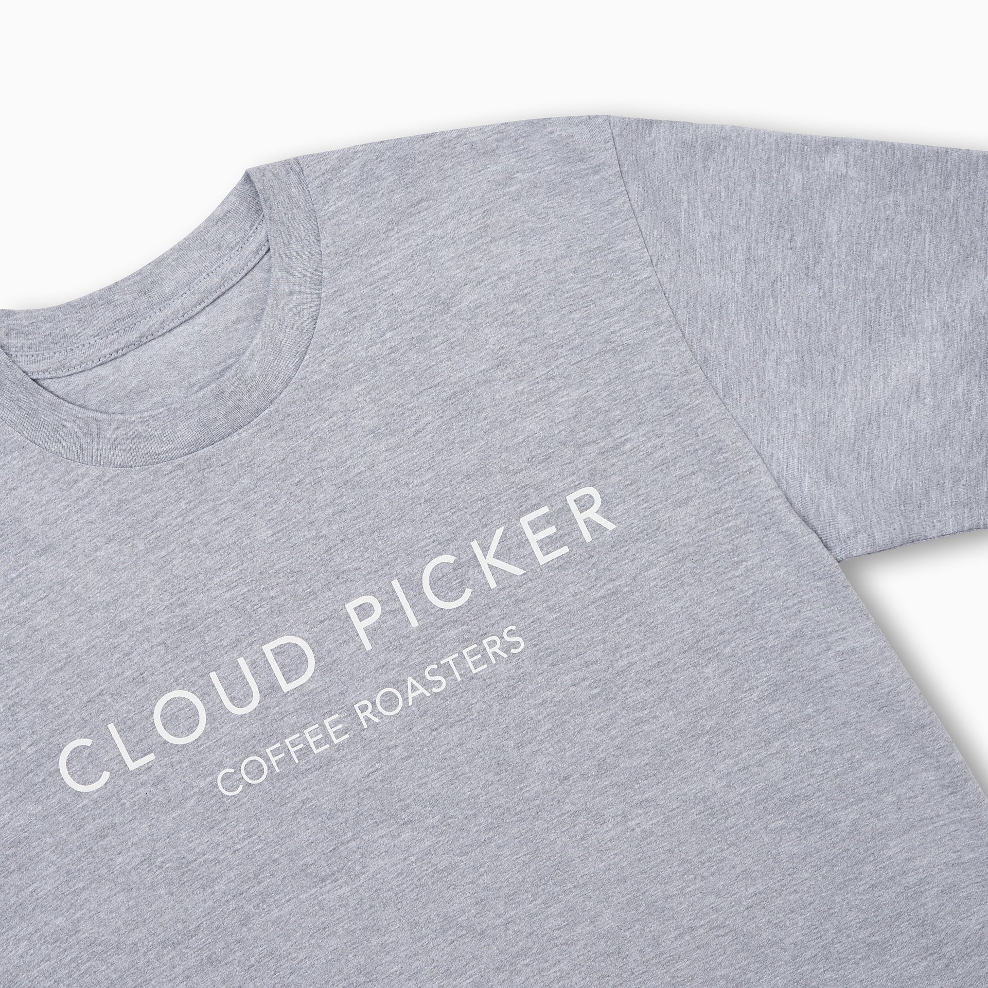 White print T-shirt from Cloud Picker Coffee merchandise featuring a casual design on the front.