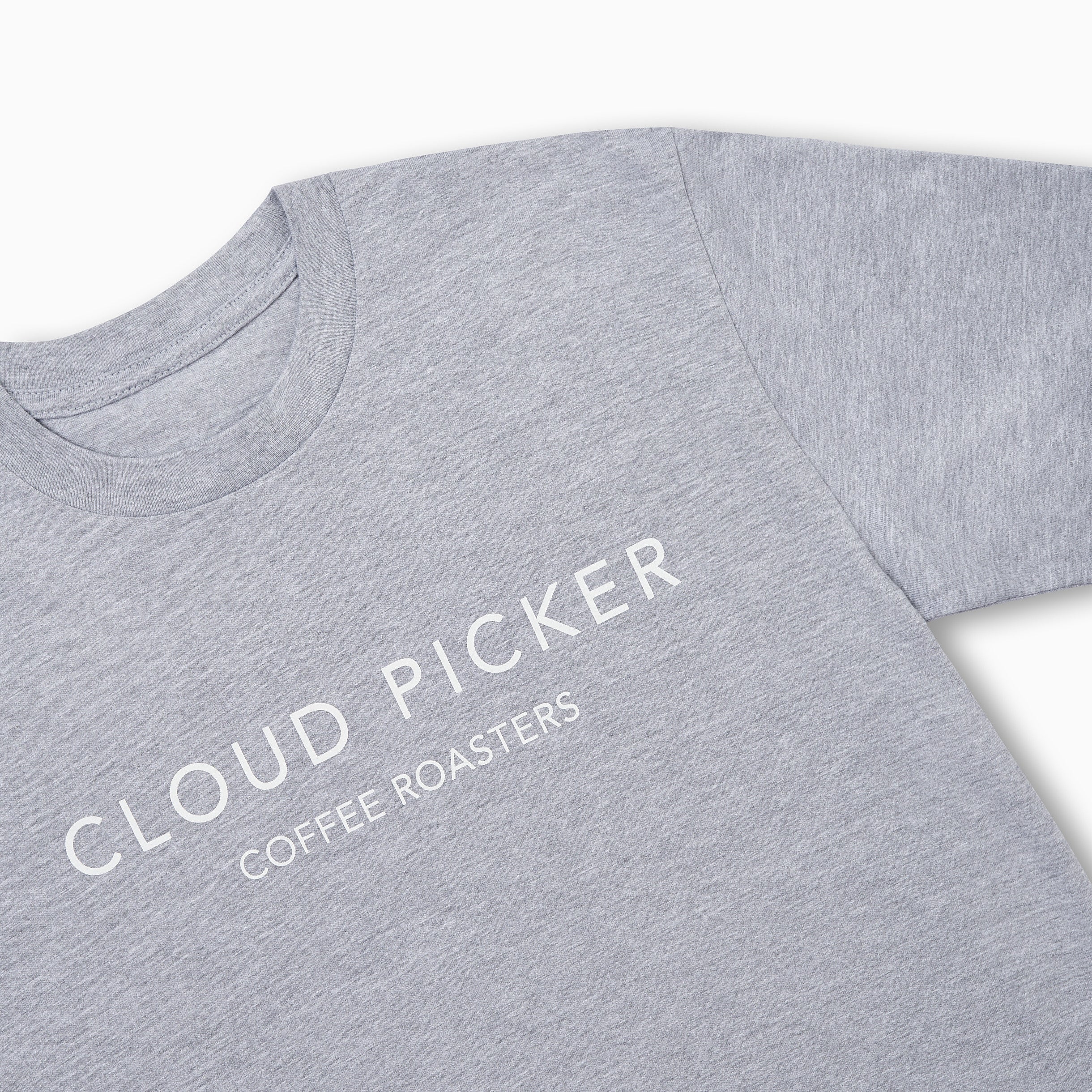White print T-shirt from Cloud Picker Coffee merchandise featuring a casual design on the front.