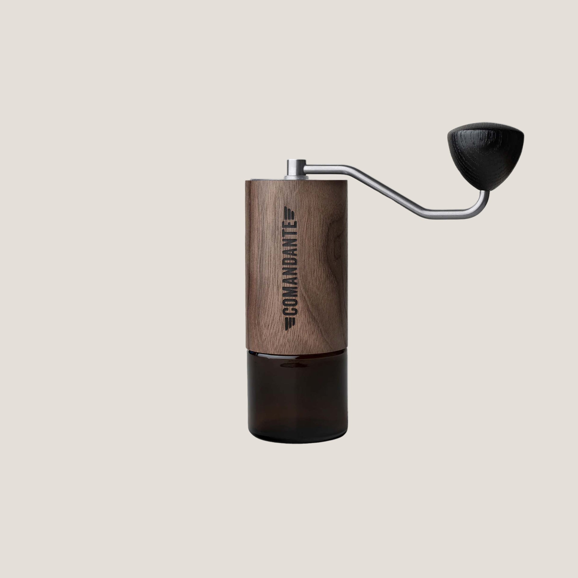 Comandante C40 Nitro Blade hand coffee grinder with Virginia Walnut wood handle and body, high-precision brewing tool by Cloud Picker Coffee.