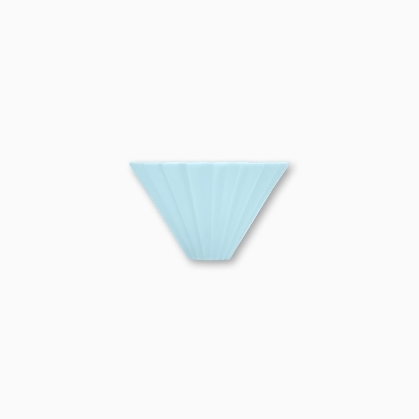 Blue ceramic origami coffee dripper with wooden holder, Cloud Picker Coffee brewer for pour-over brewing, matte finish.