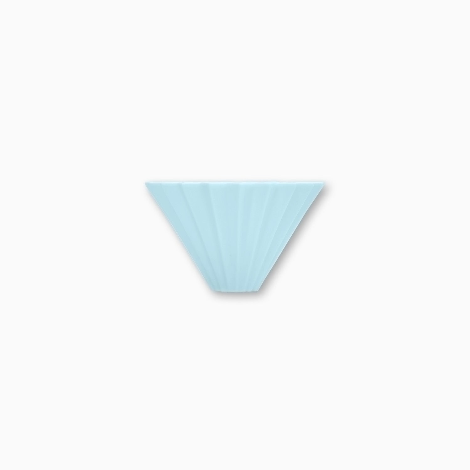 Blue ceramic origami coffee dripper with wooden holder, Cloud Picker Coffee brewer for pour-over brewing, matte finish.