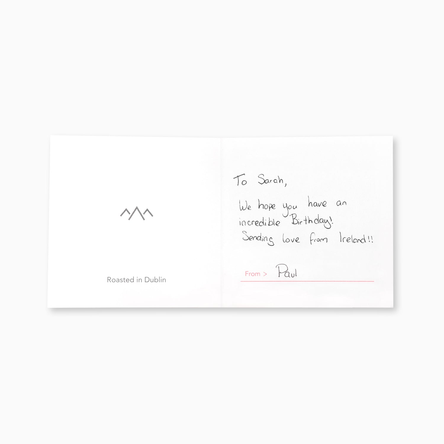 Open handwritten card from Cloud Picker Coffee accessories collection, featuring elegant calligraphy on high-quality paper.