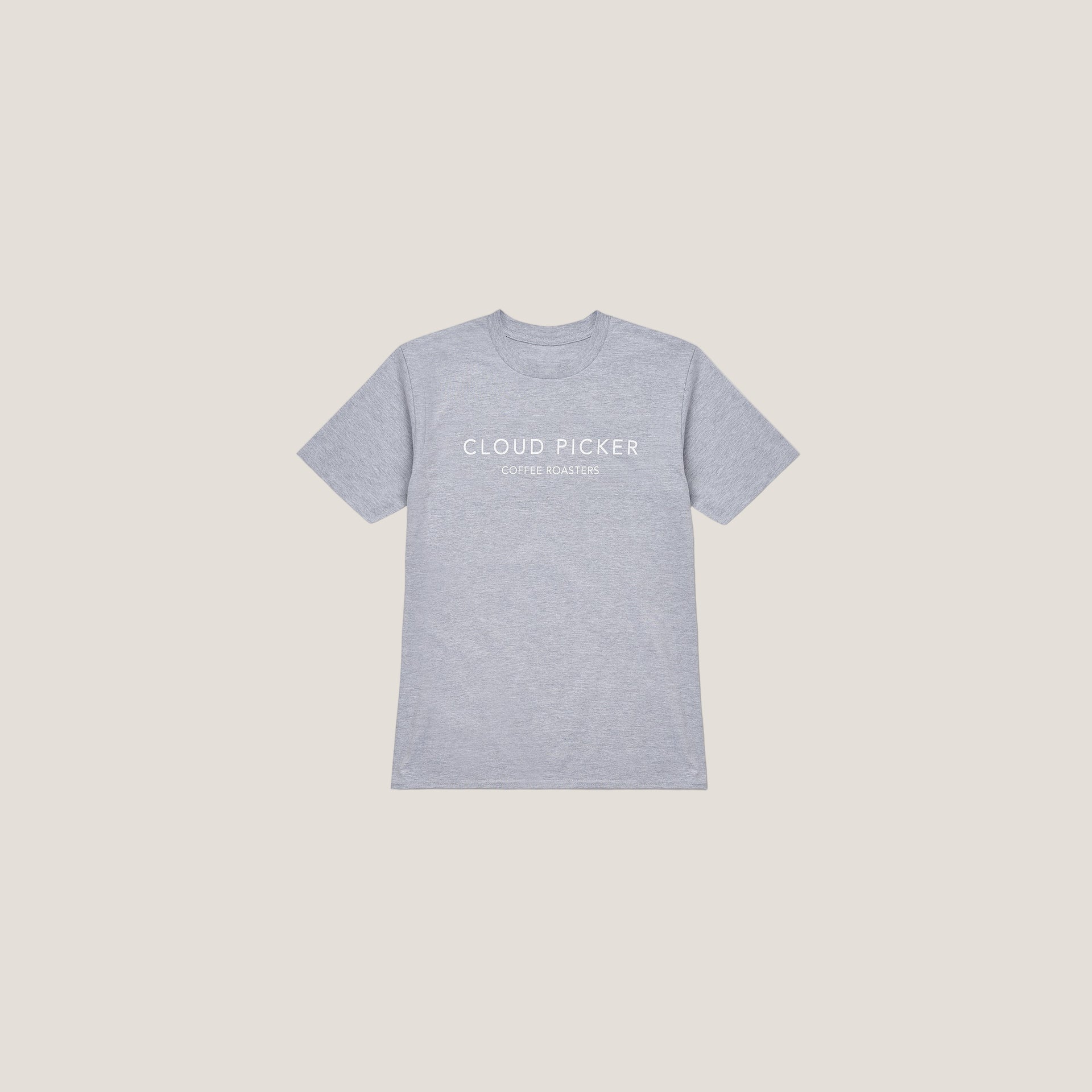 Black T-shirt with white print featuring Cloud Picker Coffee merchandise logo, casual style, front view.
