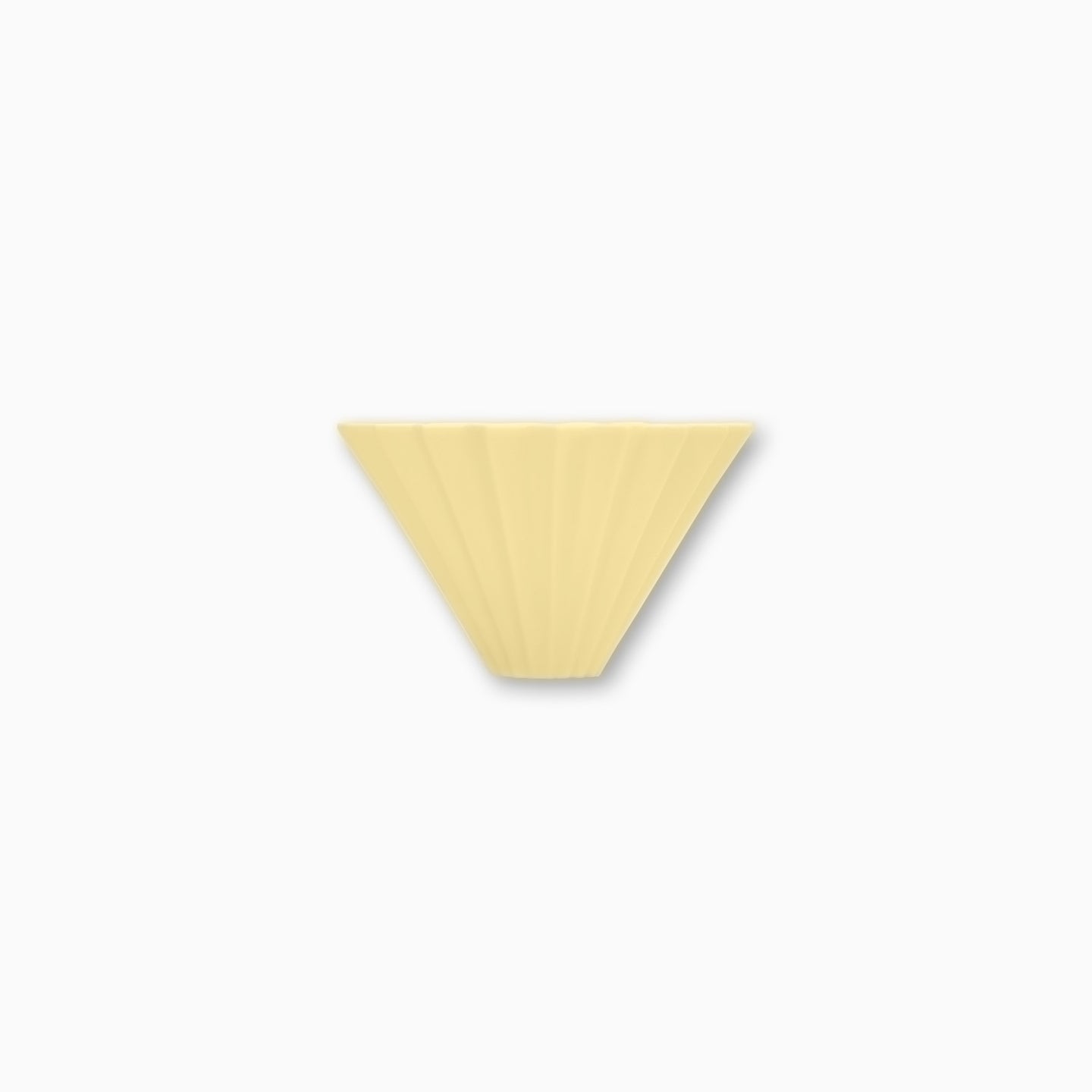 Yellow ceramic origami-shaped coffee dripper with wooden holder, designed by Cloud Picker Coffee for brewing coffee.